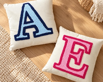 Personalized Embroidered Letter Pillow, Punch Needle Linen Cushion