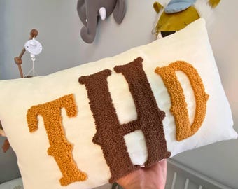 Monogram Embroidered Linen Lumbar Pillow, Personalized Punch Needle