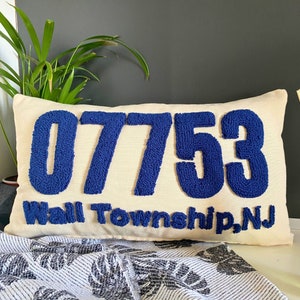 Personalized Zip Code Pillow, Home State Punch Needle Embroidered Cushion, Custom Address Pillow, Housewarming Gift Idea, Outdoor Cushion