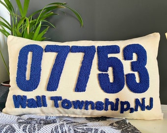 Personalized Zip Code Pillow, Home State Punch Needle Embroidered Cushion, Custom Address Pillow, Housewarming Gift Idea, Outdoor Cushion