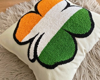 Shamrock Irish Four Leaf Clover Pillow, St. Patrick&#39;s Day Gift Idea, Punch Needle Embroidered, Holiday Decor, Lucky Pillowcase, Ireland Flag