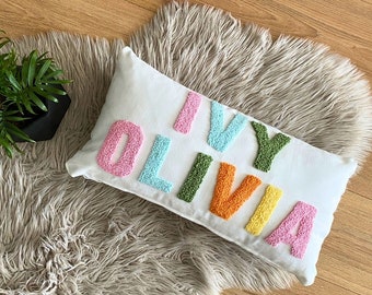 Embroidered Name Pillow, Personalized Punch Needle Cushion, Baby Shower Gift, Baby Room Decor, Nursery Pillow, Customizable Gift for Kids