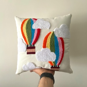 Rainbow Balloon Pillow,  Baby Room Decor, Nursery Pillow, Custom Pillow Cover, Personalized Pillow,Punch Needle, Girl Kid Gift, Boy Kid Gift