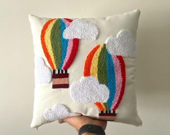 Rainbow Balloon Pillow,  Baby Room Decor, Nursery Pillow, Custom Pillow Cover, Personalized Pillow,Punch Needle, Girl Kid Gift, Boy Kid Gift