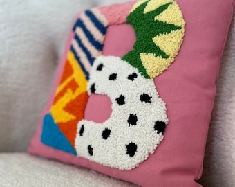 Embroidered Initial Punch Pillow, Personalized Letter Cushion, Custom Throw Pillow, Newborn Gift Idea, Baby Shower Gift, Housewarming Gift