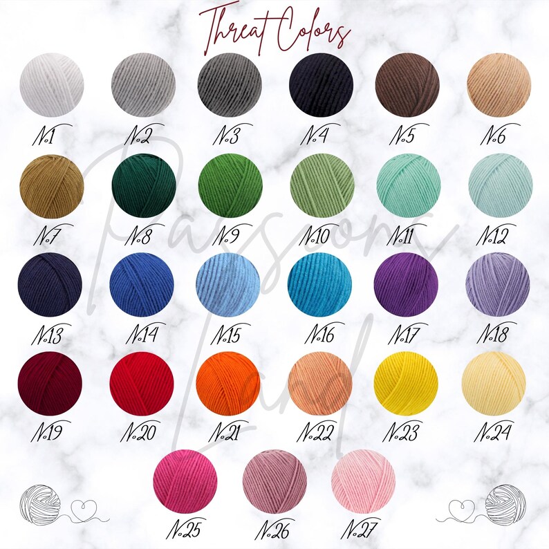 May include: A chart of 27 different colored yarn balls labeled with numbers 1 through 27. The yarn balls are arranged in rows of 6, with the exception of the last row, which has 3 yarn balls. The yarn balls are all the same size and are arranged in a grid pattern. The chart is titled "Threat Colors".