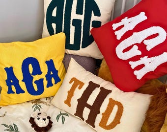 Personalized Punch Needle Monogram Pillow, Linen Nursery Decor