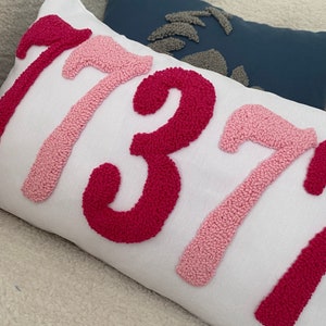 May include: White rectangular decorative pillow with the number "1737" embroidered in pink and fuchsia. A second blue pillow with gray embroidered shapes is visible in the background.