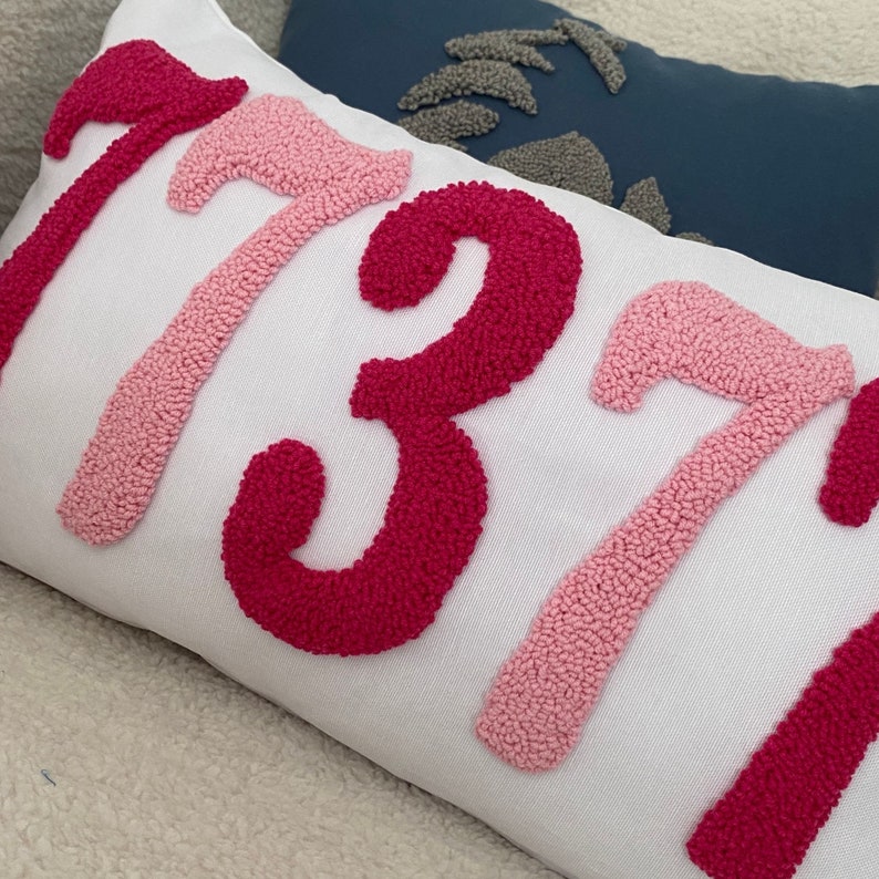 May include: White rectangular decorative pillow with the number "1737" embroidered in pink and fuchsia. A second blue pillow with gray embroidered shapes is visible in the background.