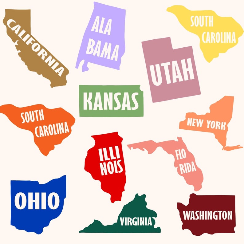 K&ouml;nnte beinhalten: Eine bunte Illustration der Umrisse verschiedener US-Bundesstaaten mit den Namen der Bundesstaaten, die in jeden Umriss geschrieben sind. Die enthaltenen Bundesstaaten sind Kalifornien, Alabama, South Carolina, Utah, Kansas, Illinois, Florida, Ohio, Washington und Virginia.