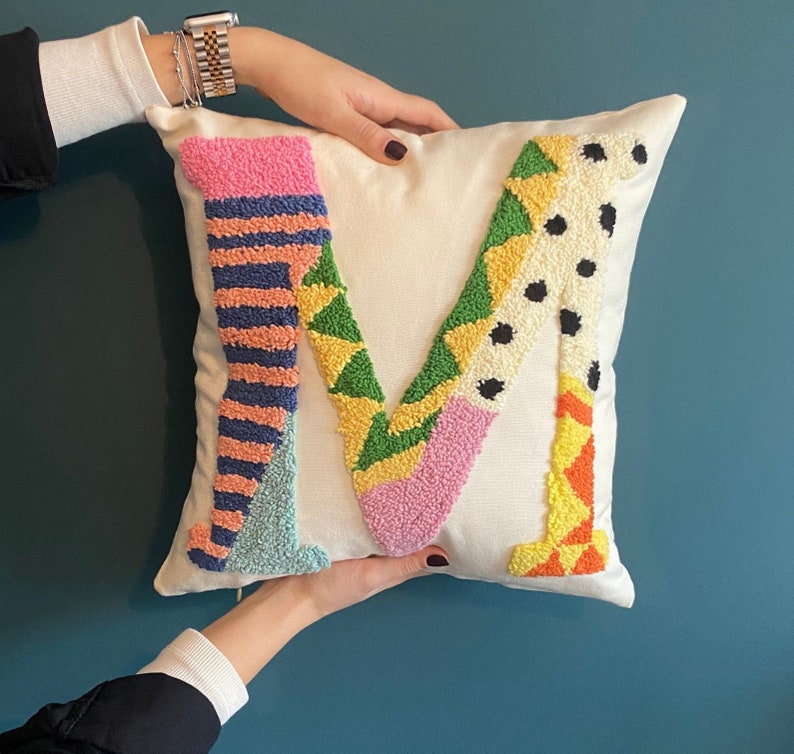 Custom Letter Pillowcase, Embroidered Initial Pillow, Handmade Punch Needle Cushion, Baby Room Decor,Newborn Gift Idea,Baby Shower Gift Idea