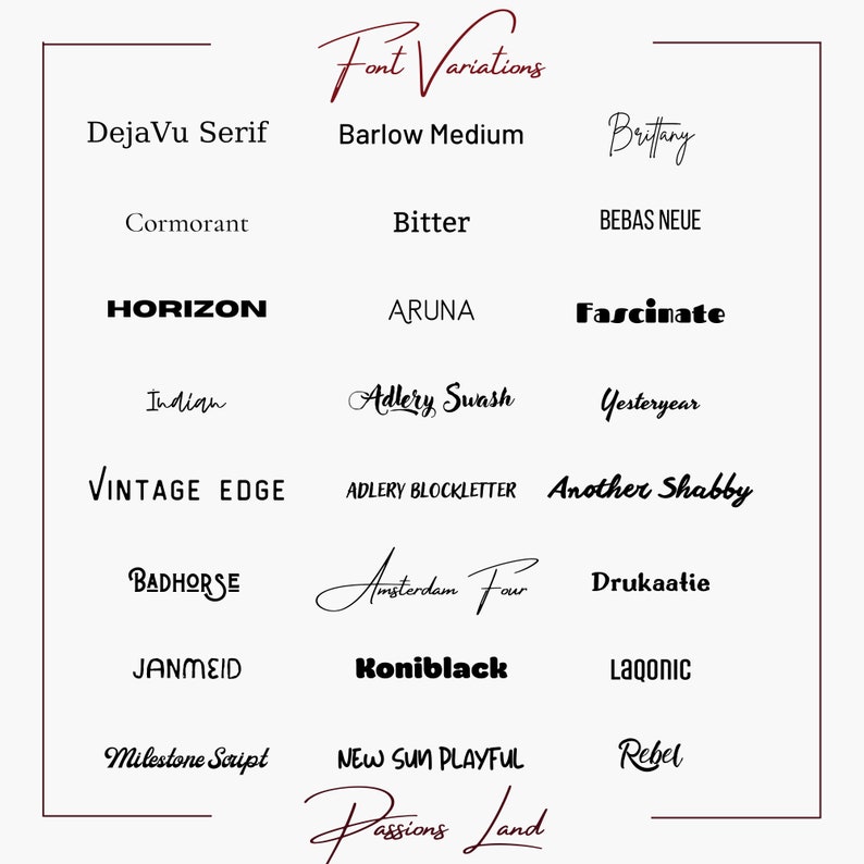 May include: A collection of font names written in different styles. The font names include DejaVu Serif, Barlow Medium, Brittany, Cormorant, Bitter, BEBAS NEUE, HORIZON, ARUNA, Fascinate, Indian, Adlery Swash, Yesteryear, VINTAGE EDGE, ADLERY BLOCKLETTER, Another Shabby, BADHORSE, Amsterdam Four, Drukaatie, JANMEID, Koniblack, Lagonic, Milestone Script, NEW SUN PLAYFUL, Rebel, and Passions Land.