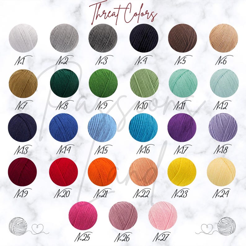 May include: A color chart of yarn skeins in various shades, including white, gray, green, blue, red, orange, and pink. The text "Threat Colors" is at the top. Each color is numbered from N.1 to N.27.
