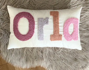 Personalized Name Pillow, Nursery Pillow, Custom Name Pillow, Embroidered Punch Needle Pillow, Baby Room Decor, Decorative Baby Name Pillow