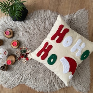Embroidered Hohoho Christmas Pillowcase, Punch Needle Embroidered Pillow, Christmas Decor Idea, New Year Gift,Housewarming Gift,Xmas Cushion