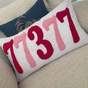 May include: White rectangular pillow with the number "7737" in pink and red textured embroidery. A blue pillow with a gray design is behind it. The pillows are on a cream-colored surface.