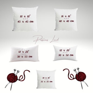 May include: White throw pillows in various sizes: 18 x 18 inches, 16 x 16 inches, 12 x 22 inches, 12 x 20 inches, and 14 x 14 inches. Each pillow size is labeled with its dimensions. The image also includes a logo and yarn with knitting needles.