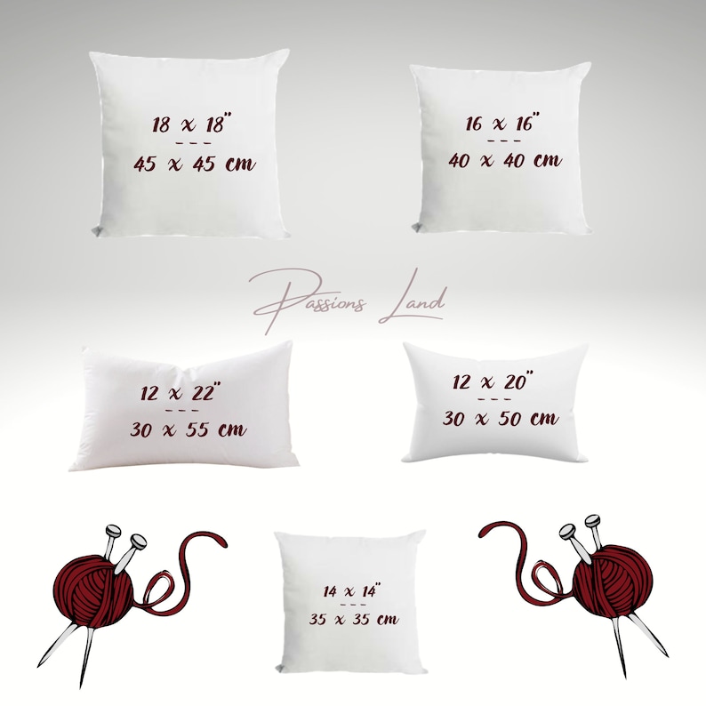 May include: White throw pillows in various sizes: 18 x 18 inches, 16 x 16 inches, 12 x 22 inches, 12 x 20 inches, and 14 x 14 inches. Each pillow size is labeled with its dimensions. The image also includes a logo and yarn with knitting needles.