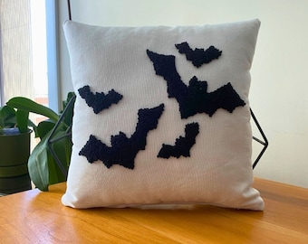 Bat Embroidered Pillow, Scary Bat Pillow, Punch Needle Halloween Gift, Autumn Decor, Gothic Decor, Custom Throw Pillow, Halloween Crochet