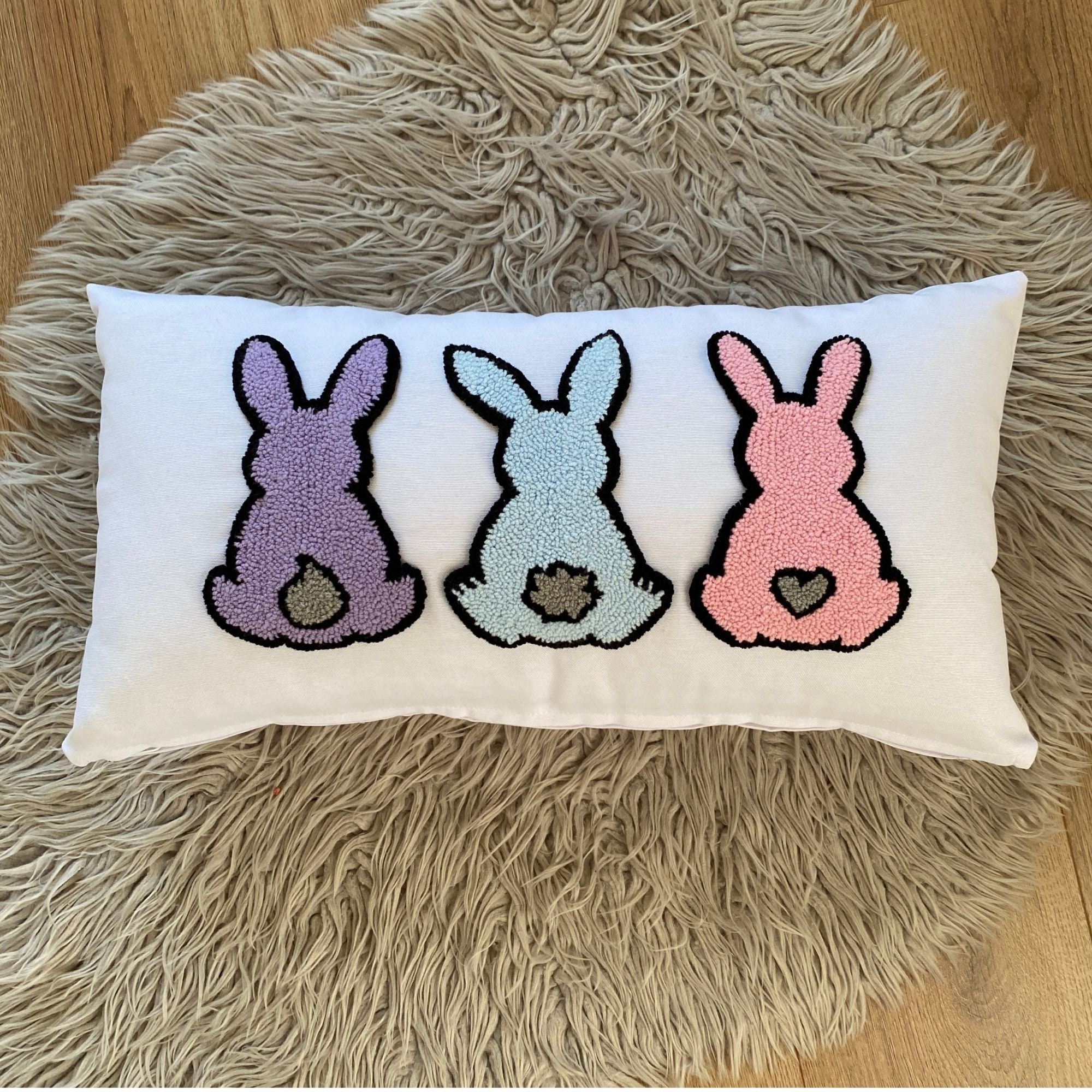 Embroidered Bunny Pillow, Punch Needle Easter Egg Pillow