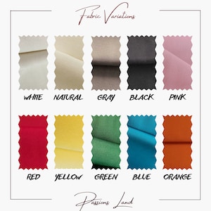 May include: A color chart displaying fabric swatches in various colors, including white, natural, gray, black, pink, red, yellow, green, blue, and orange. The text "Fabric Variations" and "Passions Land" are also present.
