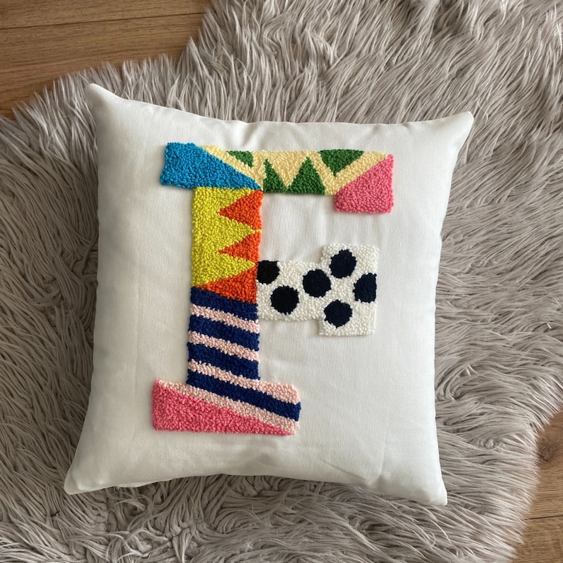 Custom Embroidered Initial Pillow, Personalized Letter Pillowcase, Handmade Punch Needle,Baby Room Decor,Newborn Gift Idea,Fathers Day Gift image 2