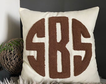 Custom Linen Monogram Pillow, Punch Needle Initial Pillowcase