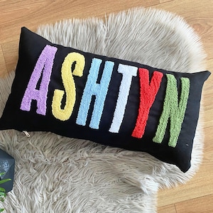 Personalized Embroidered Name Pillow, Punch Needle Embroidery, Custom 12x20 Lumbar Pillow, Gift for Kids, Nursery Decor, Newborn Gift Idea