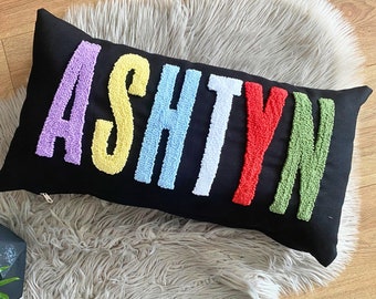 Personalized Embroidered Name Pillow, Punch Needle Embroidery, Custom 12x20 Lumbar Pillow, Gift for Kids, Nursery Decor, Newborn Gift Idea