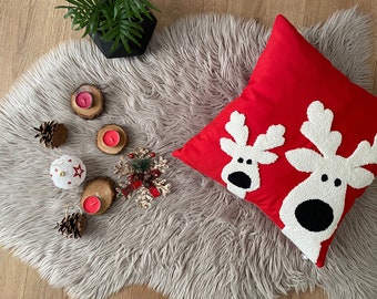 Embroidered Christmas Themed Pillows, Punch Needle Christmas Cushion, Farmhouse Decoration, Xmas Gift, New Year Gift Idea, Housewarming Gift