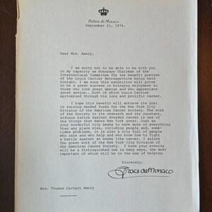 May include: A vintage off-white letter on Palais de Monaco stationery dated September 21, 1976. The typed text addresses Mrs. Amory regarding a Louis Cartier Retrospective benefit for the American Cancer Society, signed Grace de Monaco.