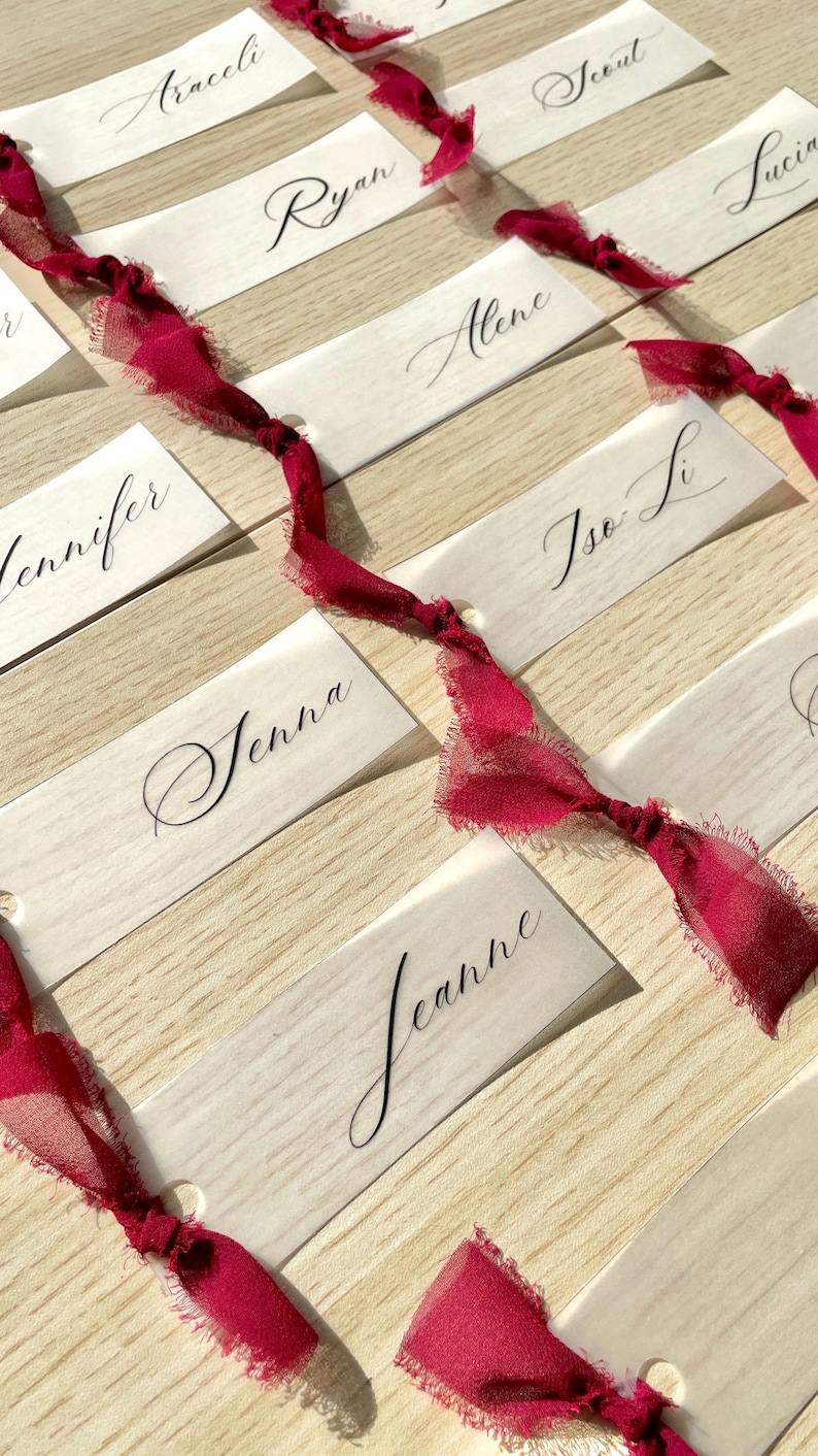 Pu&ograve; includere: Una collezione di segnaposto rettangolari in carta bianca con nomi in calligrafia nera, tra cui Araceli, Scout, Ryan, Lucia, Alene, Jennifer, Tse Li, Jenna e Jeanne. Ogni carta &egrave; legata con un nastro di seta rosso scuro sfilacciato.