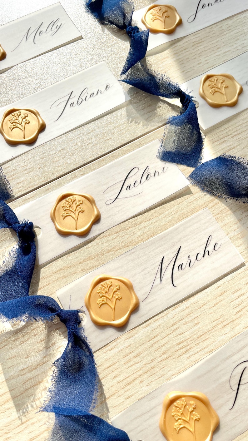 Pu&ograve; includere: Segnaposto rettangolari bianchi con nomi scritti a mano come Molly, Fabiano, Leoni e Marche. Ogni carta &egrave; decorata con un sigillo di ceralacca dorata con un motivo floreale e un nastro di seta blu scuro sfilacciato e fluente.
