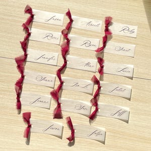 Pu&ograve; includere: Una collezione di etichette rettangolari in carta bianca con nomi scritti a mano in inchiostro nero. Ogni etichetta &egrave; legata con un nastro sfilacciato rosso scuro. I nomi includono Jason, River, Jennifer, Senna, Jeanne, Jiwen, Araceli, Ryan, Alene, Ise Li, Sam, Jalpa, Ruby, Scout, Lucia, Juliet e Jill.