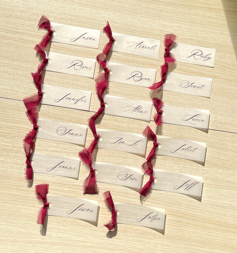 Pu&ograve; includere: Una collezione di etichette rettangolari in carta bianca con nomi scritti a mano in inchiostro nero. Ogni etichetta &egrave; legata con un nastro sfilacciato rosso scuro. I nomi includono Jason, River, Jennifer, Senna, Jeanne, Jiwen, Araceli, Ryan, Alene, Ise Li, Sam, Jalpa, Ruby, Scout, Lucia, Juliet e Jill.
