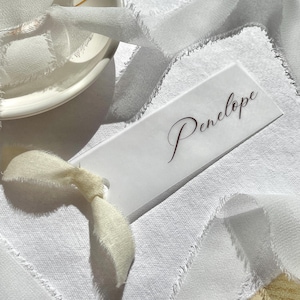 Pu&ograve; includere: Un cartoncino rettangolare bianco con il nome Penelope stampato in un carattere corsivo scuro. Il cartoncino presenta un foro sul lato sinistro con un nastro in tessuto sfilacciato color crema annodato, appoggiato su una superficie in tessuto bianco.