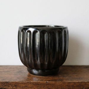 May include: A glossy black ceramic planter featuring a rounded silhouette with deep vertical fluted grooves running along the exterior surface. The pot has a wide opening and a smooth, reflective finish that catches the light.