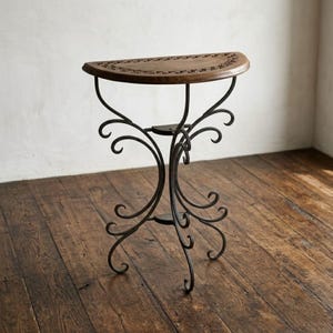 32" Demilune Console Table Hand Carved Wooden Top Wrought Iron Scroll Base Indian