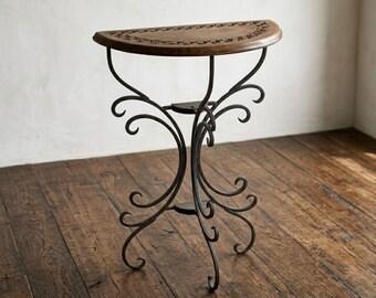 32" Demilune Console Table Hand Carved Wooden Top Wrought Iron Scroll Base Indian
