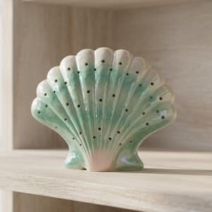 Vintage Lustreware Sea Shell Figurine Lamp Base Seafoam Green Iridescent Scalloped