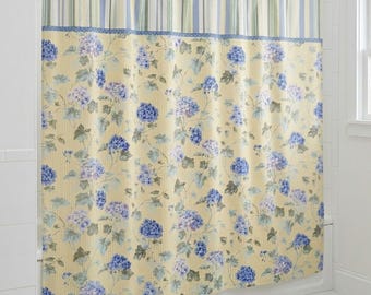Waverly Hydrangea Shower Curtain Yellow Blue Floral Stripe 68x71 Cottagecore Vintage