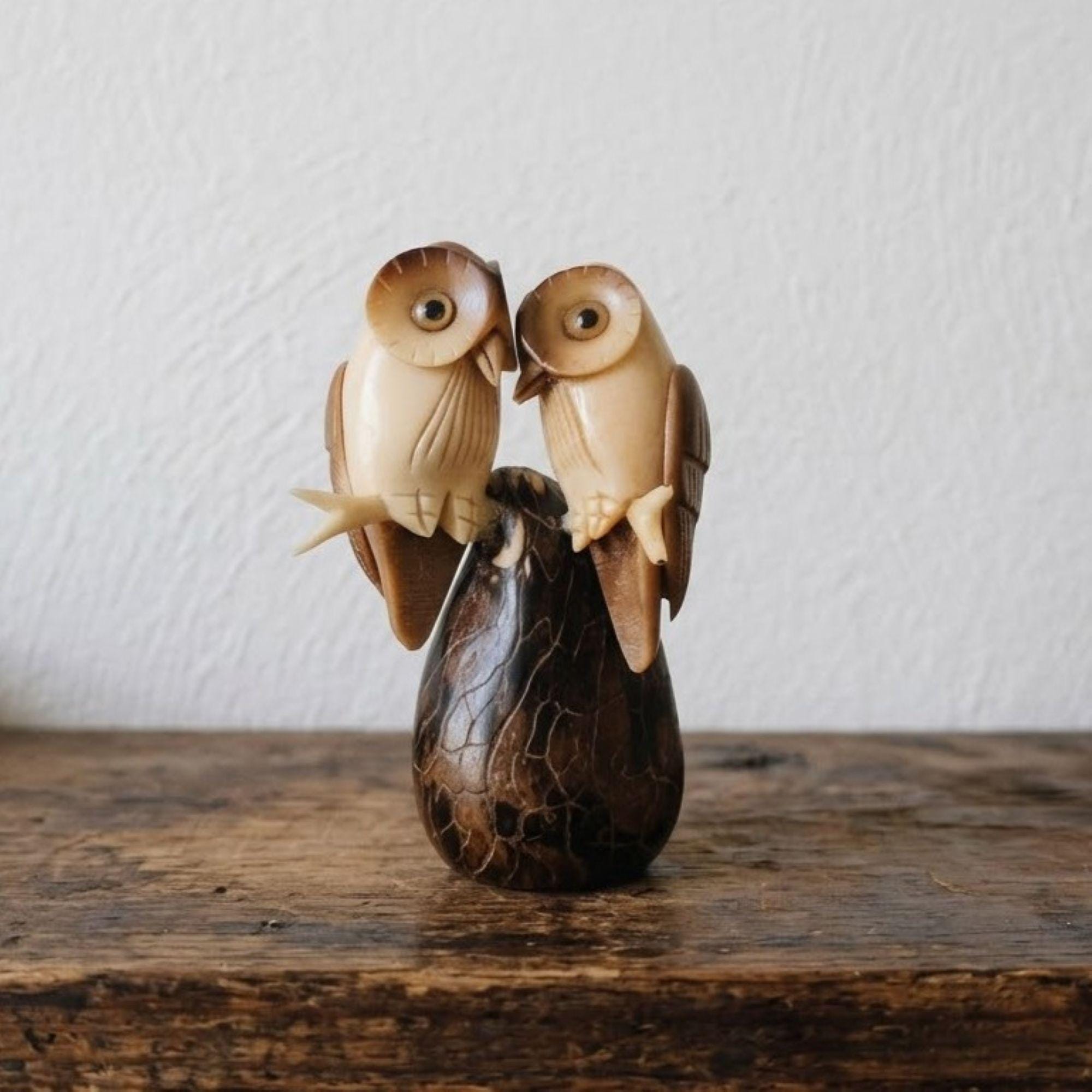 Vintage Tagua Nut Owl Carving Vegetable Ivory Owl Figurine Sculpture Love Birds 4"