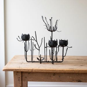 Vintage MCM Black Iron Twig Candelabra 18” Brutalist Metal Floral Centerpiece