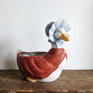 May include: A ceramic duck planter featuring a white body and a yellow beak. The duck wears a light blue ruffled bonnet and a textured, rust-colored shawl decorated with small, dark brown star-shaped patterns across the surface.