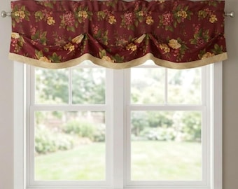 SET OF 3 Vintage Waverly Floral Manor Curtain Valances Dark Red Yellow Layered