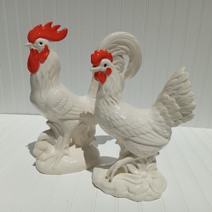 Large Ceramic Rooster and Hen Statues Chicken PAIR Vintage MCM Handmade Figurines Signed 1972 Poultry Chickens Mid Century Modern Decor