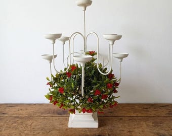 Vintage MCM 9 Cup Metal Candelabra Centerpiece Christmas Greenery Wood Base 17-inch