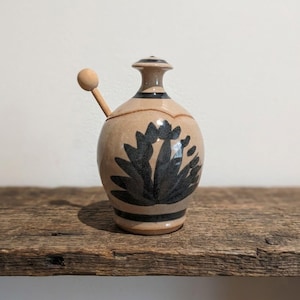 Studio Pottery Honey Pot with Wood Dipper Artist Signed Hand Painted Stoneware