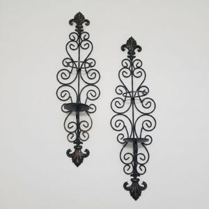 Vintage Wrought Iron Wall Sconces Fleur de Lis Pillar Candle Holders Black Gold