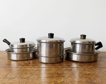 Lustre Craft 5-PLY ダッチオーブン両手大鍋 セット ステンレス Vintage Lustre Craft Multi Core 5 Ply Small Medium Stainless-steel